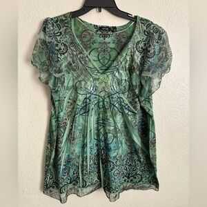 APT.9 Green Y2K Patterned Blouse 1 X